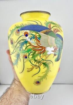 Antique Japanese Yellow Cloisonné Phoenix Vase 7.5 attr. Gonda Hirosuke
