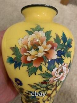 Antique Japanese Yellow Glaze Cloisonne Vase With Silver Base, Perfect Condition