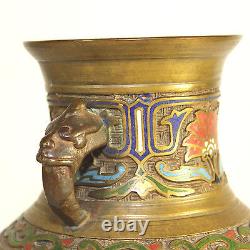 Antique Japanese champlevé jar, vase with griffin handles