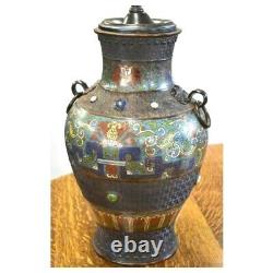 Antique Kangxi Style Chinese or Japanese Copper Cloisonne Champleve Vase Lamp