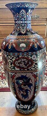 Antique Large 24 Japanese Meiji Period Dragon & Phoenix Cloisonne Enamel Vase