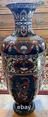 Antique Large 24 Japanese Meiji Period Dragon & Phoenix Cloisonne Enamel Vase