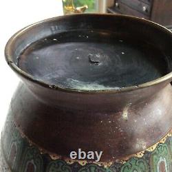 Antique Large Bronze Japanese Cloisonne Vase/Urn, Foo Dog Handles, 14 Tall