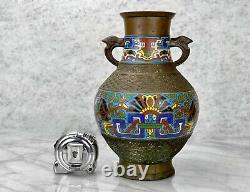 Antique Large Japanese Bronze Champleve Enamel Urn Vase