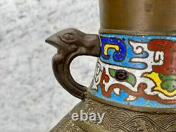 Antique Large Japanese Bronze Champleve Enamel Urn Vase