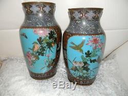 Antique MEIJI PAIR of 2 Blue CLOISONNE Vases