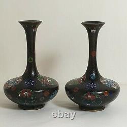 Antique MEIJI Period Japanese Pair Cloisonne Floral & Butterflies Bottle Vases