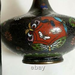 Antique MEIJI Period Japanese Pair Cloisonne Floral & Butterflies Bottle Vases