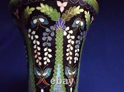 Antique MEJI ERA Japanese Cloisonné 7.5H Butterflies &Wisteria Vase Tiny Bruise
