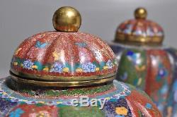 Antique Matching Pair Japanese Cloisonne Butterfly Dragon Ribbed Lidded Vases