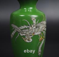 Antique Meiji Era Cloisonne Small Vase Grass Green Phoenix H4.8 Japan