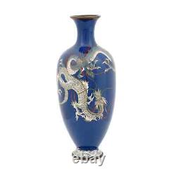 Antique Meiji Era Japanese Cloisonne Enamel Double Dragon Blue Vase