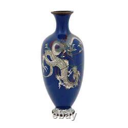 Antique Meiji Era Japanese Cloisonne Enamel Double Dragon Blue Vase