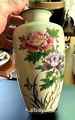 Antique Meiji Era Owari Cheladon Cloisonne Vase Cherry MINTY