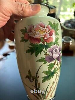 Antique Meiji Era Owari Cheladon Cloisonne Vase Cherry MINTY