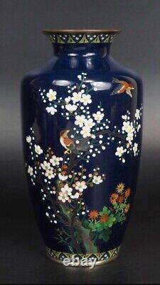 Antique Meiji Era Owari Cloisonne Vase Dark Blue H7.3 delicate painting