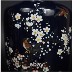 Antique Meiji Era Owari Cloisonne Vase Dark Blue H7.3 delicate painting