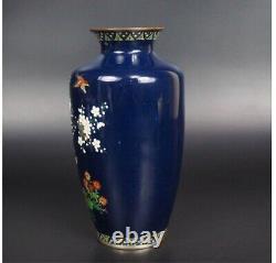 Antique Meiji Era Owari Cloisonne Vase Dark Blue H7.3 delicate painting
