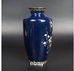 Antique Meiji Era Owari Cloisonne Vase Dark Blue H7.3 delicate painting