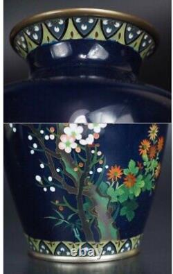 Antique Meiji Era Owari Cloisonne Vase Dark Blue H7.3 delicate painting