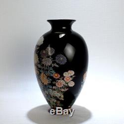 Antique Meiji Japanese Cloisonné Black Enamel Vase w Flowers & Butterflies VR