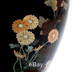 Antique Meiji Japanese Cloisonné Black Enamel Vase w Flowers & Butterflies VR