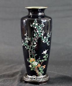 Antique Meiji Japanese Cloisonne Enamel Silver Wire Bird and Floral Vase