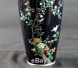 Antique Meiji Japanese Cloisonne Enamel Silver Wire Bird and Floral Vase