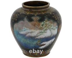 Antique Meiji Japanese Cloisonne Enamel Wireless Vase with Snow and Mountain Sce