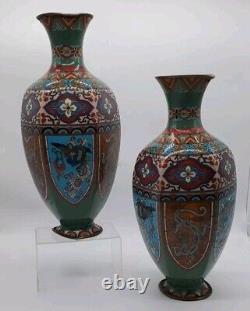 Antique Meiji Japanese Cloisonne Pheasant Dragon Vases 11 Tall- Read