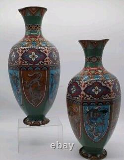 Antique Meiji Japanese Cloisonne Pheasant Dragon Vases 11 Tall- Read