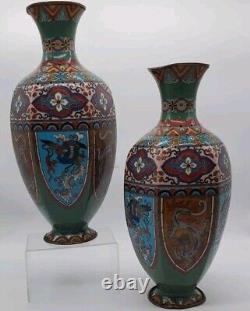 Antique Meiji Japanese Cloisonne Pheasant Dragon Vases 11 Tall- Read