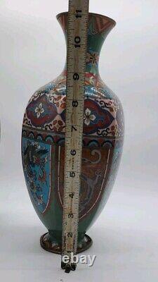 Antique Meiji Japanese Cloisonne Pheasant Dragon Vases 11 Tall- Read