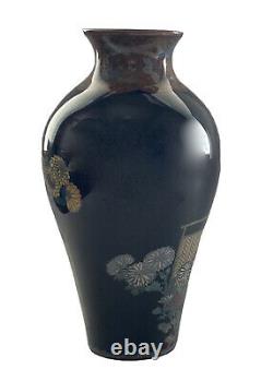 Antique Meiji Japanese Fine Black Cloisonne Chrysanthemums, Foliate Collar Neck