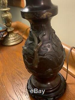Antique Meiji Period 1890s Japanese Bronze High Relief Cloisonne Vase Table Lamp