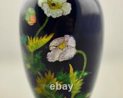 Antique Meiji-period Japanese Cloisonne Ginbari silver foil Peony vase signed