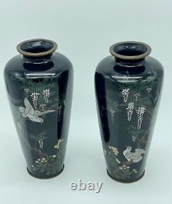 Antique PAIR Japanese Meiji Cloisonné Enamel silver Wire wisteria Birds Vases