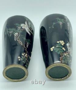 Antique PAIR Japanese Meiji Cloisonné Enamel silver Wire wisteria Birds Vases