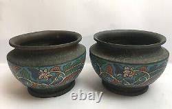 Antique Pair Japanese Champleve Planters Enamelled Cloisonné Flowers Metal Japan