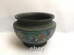 Antique Pair Japanese Champleve Planters Enamelled Cloisonné Flowers Metal Japan