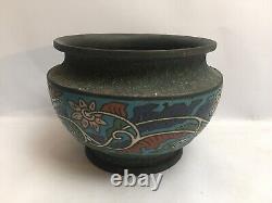 Antique Pair Japanese Champleve Planters Enamelled Cloisonné Flowers Metal Japan