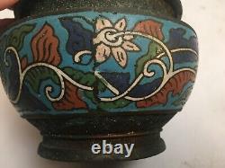 Antique Pair Japanese Champleve Planters Enamelled Cloisonné Flowers Metal Japan