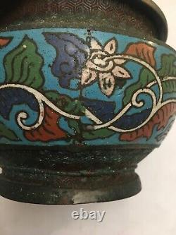 Antique Pair Japanese Champleve Planters Enamelled Cloisonné Flowers Metal Japan