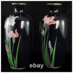 Antique Pair Japanese Cloisonné Enamel Iris Vases Meiji 18.4 cm