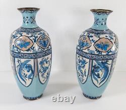 Antique Pair of Japanese Cloisonne Enamel Vases in Blue Palette