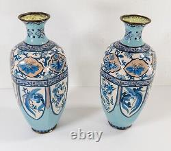 Antique Pair of Japanese Cloisonne Enamel Vases in Blue Palette