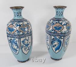 Antique Pair of Japanese Cloisonne Enamel Vases in Blue Palette