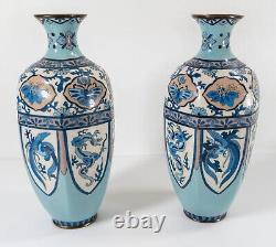 Antique Pair of Japanese Cloisonne Enamel Vases in Blue Palette