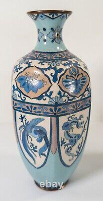 Antique Pair of Japanese Cloisonne Enamel Vases in Blue Palette