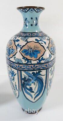 Antique Pair of Japanese Cloisonne Enamel Vases in Blue Palette